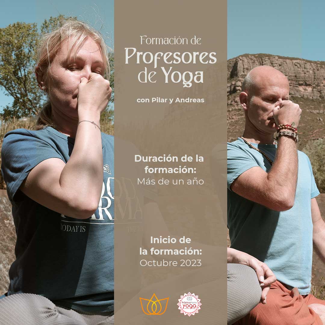 Cartel de una formación de Yoga en Barcelona, dos personas meditando en la naturaleza 